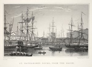 St Katherine Docks, fra Basin, Tower, fra London og dets omgivelser i pubben fra det nittende århundrede. Jones und Co., 1827-1829 af Thomas Hosmer Shepherd