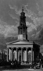 Pancrass Church, vestgavlen, graveret af James Tingle 1827 af Thomas Hosmer Shepherd