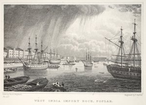 West India Docks, Isle of Dogs, fra London og dets omgivelser i pubben fra det nittende århundrede. Jones und Co., 1827-1829 af Thomas Hosmer Shepherd