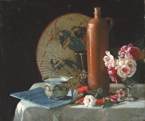 Stilleben med vifte og roser, 1874.
