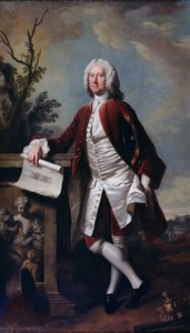 Portræt af Theodore Jacobsen, arkitekt på Foundling Hospital, vist med en tegning af Vestfronten, ca. 1742