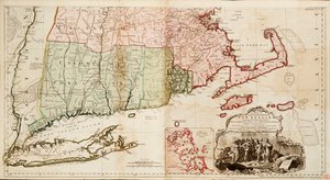 Et kort over den mest beboede del af New England, der indeholder provinserne Massachusetts Bay og New Hampshire med kolonierne Connecticut og Rhode Island.