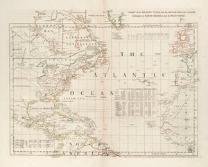 Kort over Atlanterhavet med de britiske, franske og spanske bosættelser i Nordamerika og Vestindien