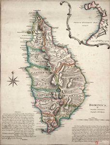 Farvekort over Dominica med detaljerede geografiske observationer, ca. 1760 (håndkoloreret kobberstik) af Thomas Jefferys
