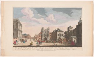 Se på Banqueting House i Horse Guards Building i London En udsigt over de kongelige bygninger, for Hans Majestys heste- og fodvagter, foran Banqueting House White Hall, London (titel på objektet)