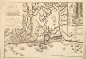 PLAN over angrebet på BASSETERRE på øen GUADALOUPE af en eskadre af hans majestæts krigsskibe under kommando af kommandør MOORE den 22. januar 1759. også den britiske hærs indtrængen under kommando af general HOPSON og den franske indtrængen. af Thomas Jefferys