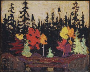 Sort gran og ahorn, 1915 (olie på træpanel) af Tom Thomson