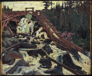 Timber Chute, 1915 (olie på komposit træ-pulpplade) af Tom Thomson
