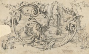 Design til en tablet til et skorstensstykke med to svaner i kamp, omsluttet af en rulle..., 1762.