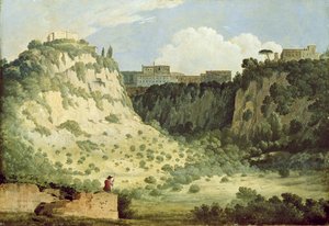 Udsigt over Dianatemplet, Nemi, med en hyrde i forgrunden, 1785