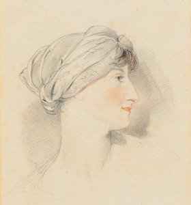 Portræthoved af fru Jens Wolff, i profil til højre, iført turban (blyant, sort og rødt kridt) af Thomas Lawrence