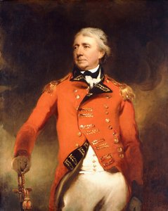 Portræt af general James Stuart stående i trekvart længde, iført en rød uniform med guldfrøer, af Thomas Lawrence