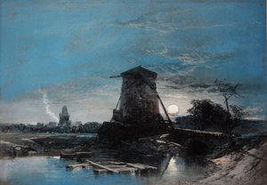Et månebelyst hollandsk landskab af Thomas Leeson the Elder Rowbotham
