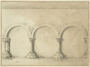 Buer og søjler i Mereweathers lokaler mellem Nicholas Street og Corn Street (blyant og akvarel på papir) af Thomas Leeson the Elder Rowbotham