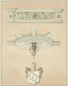 Detaljer om værelse i det juridiske bibliotek, herunder central loftsvedhæng og gesims (blyant og akvarel på papir) af Thomas Leeson the Elder Rowbotham