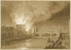 Brand ved Old Sugar House, Tucker Street af Thomas Leeson the Elder Rowbotham