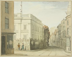 Kigger ned ad Broad Street med det nye rådhus (akvarel på papir) af Thomas Leeson the Elder Rowbotham
