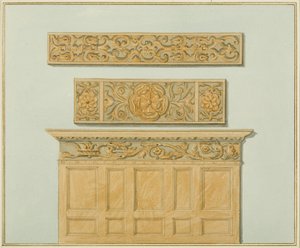 Dele af panelet og frisen, i Langton Mansion, på bagsiden (akvarel på papir) af Thomas Leeson the Elder Rowbotham