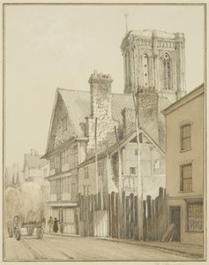 Temple Street, der viser Tower of Temple Church (akvarel på papir) af Thomas Leeson the Elder Rowbotham