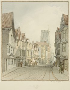 Temple Street, der viser Temple Churchs tårn (akvarel på papir) af Thomas Leeson the Elder Rowbotham
