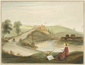 Totterdown og Pile Hill fra Bath Road, der viser Brislington Turnpike (med en Miss Braikenridge? Skitsering) af Thomas Leeson the Elder Rowbotham