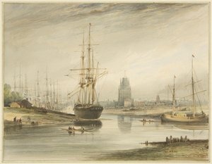 Udsigten ser op ad floden, taget fra under Rope Walk and Wapping, ca. 1804 af Thomas Leeson the Elder Rowbotham