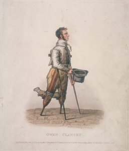 Owen Clancy, tigger med sin hat i hånden, på krykker og med enheder spændt på benene, 1820