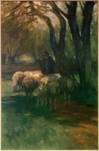 Flok får under træer af Thomas Ludwig Herbst