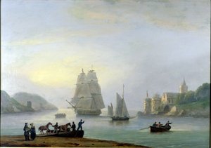 En brig på vej ind i Dartmouth Havn med en færge i forgrunden, 1828