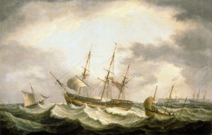 A Three Master på drift i Downs med hjælp ved hånden (olie på lærred) af Thomas Luny