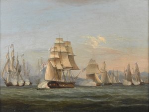 HMS Spartan & French Fregates: Beginning of the Action, 3. maj 1810 (Napoli-bugten) (olie på lærred) af Thomas Luny