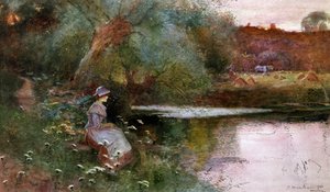 Ved Hampton Lucy, Warwickshire. En ung pige sidder ved en sø i landskabet. Maleri af Thomas Mackay (1851-1920) Privat samling