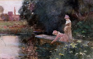 Plukker åkander. To unge piger på en båd i en dam plukker åkander. Maleri af Thomas Mackay (1851-1920) Privat samling