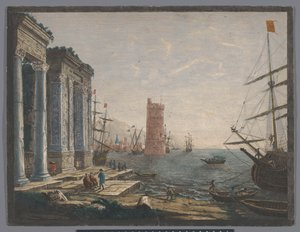 Udsigt over en havn med skibe og både på vandet af Thomas Major