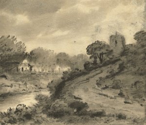 Et skovklædt flodlandskab med en sten i venstre forgrund, ca. 1800