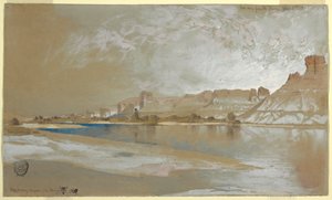 Tegning, Green River fra færgen, Wyoming-territoriet, 11. september 1889 af Thomas Moran