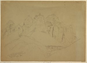Tegning, Rio Virgin-floden med store klippeformationer, 1873 af Thomas Moran