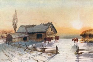 Bondegård på landet, vinter (farvelitografi)