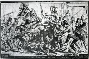 Tegneserie, der skildrer optøjerne i New York på St. Patrick