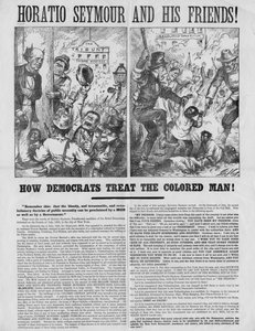 Horatio Seymour og hans venner! : Hvordan demokrater behandler den farvede mand! : Husk dette: at den blodige, forræderiske og revolutionære doktrin om offentlig nødvendighed kan proklameres af en pøbel som af Thomas Nast