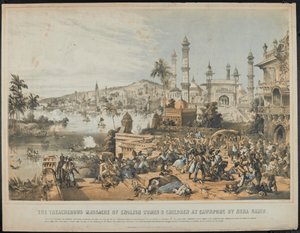 Nena Sahibs forræderiske massakre på engelske kvinder og børn ved Cawnpore under det indiske mytteri i 1857, trykt 12. oktober 1857 (tonet litografi)