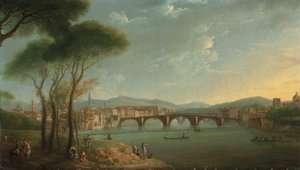En udsigt over Arno, Firenze, fra Cascine Gardens, med figurer, der fisker og hviler på klipperne i forgrunden, Ponte alla Carità og Ponte Vecchio hinsides