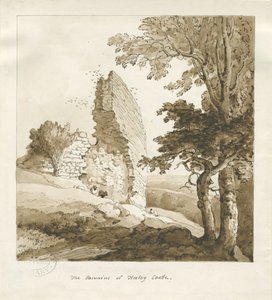 Audley - Heeley Castle: sepia tegning af Thomas Peploe Wood