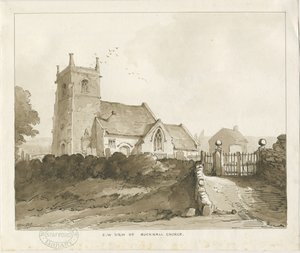 Bucknall Church: sepia tegning af Thomas Peploe Wood