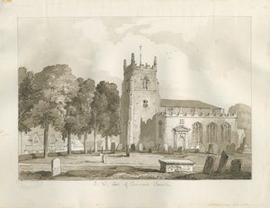 Cannock Kirke: sepia tegning af Thomas Peploe Wood
