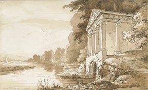 Colwich - Temple nær Wolseley Bridge: sepia vask tegning, nd [1837-1838] (tegning) af Thomas Peploe Wood