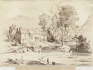 Dovedale - Thorpe Mill: pen og sepia tegning