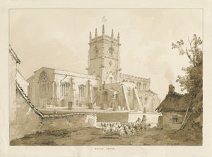 Gnosall Kirke: vasketegning, 1838 af Thomas Peploe Wood