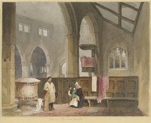 Interiør af Standon Church: akvarelmaleri, og [?midten af det 19. århundrede] af Thomas Peploe Wood