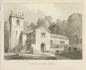 Mær Kirke: sepia vasketegning, 1838 af Thomas Peploe Wood